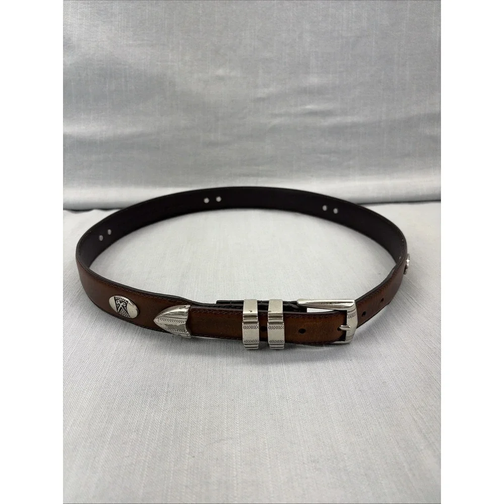 Western Top Grain Leather Belt Silver Buckle Conchos Brown 1.25